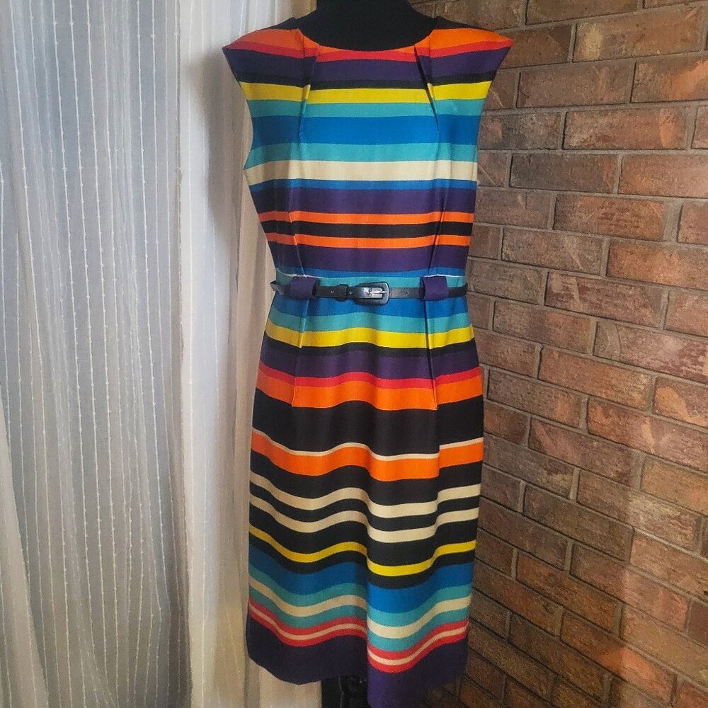 Emma & Michelle Bold Striped Belted Sleeveless Multi-Color Striped Dress - Sz 10
